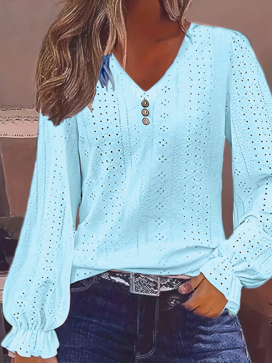 Plus Size Eyelet Button Decor T-Shirt Casual V Neck Long Sleeve Top For Spring & Fall Women's Plus Size Clothing