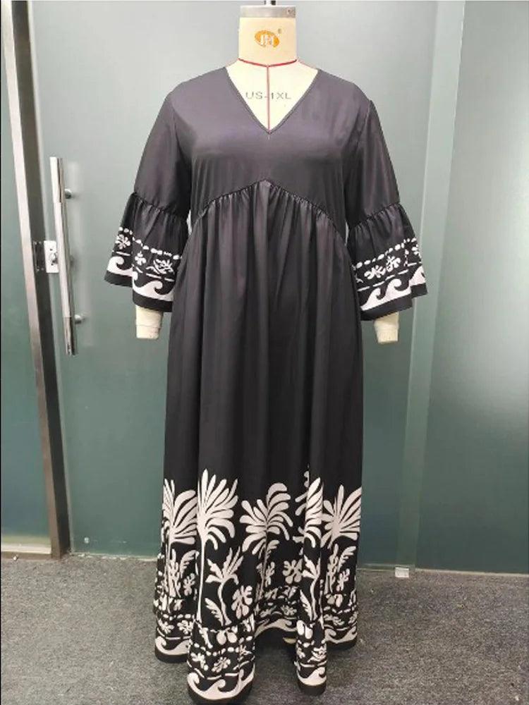 GIBSIE Plus Size Black 3/4 Flare Sleeve Loose Dress Women Spring Fall V-neck Printing Loose Casual Swing A-line Long Dress 2024