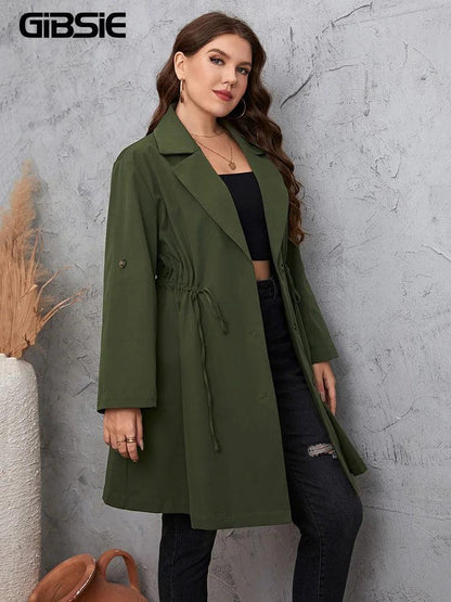 GIBSIE Plus Size Solid Notched Neck Trench Coat For Women 2023 Spring Fall Casual Drawstring Waist Female Buttons Long Coats