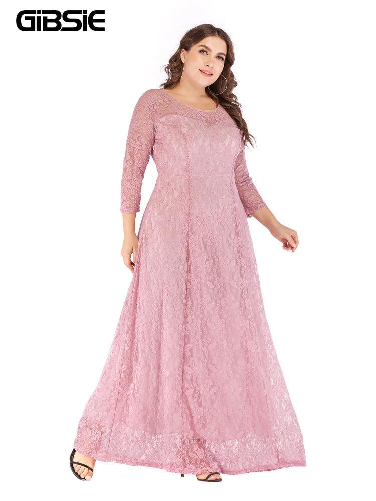 GIBSIE 6XL 5XL 4XL Plus Size Elegant Lace Dress Women O-Neck 3/4 Sleeve Long Maxi Dresses Ladies Prom Evening Party Dress