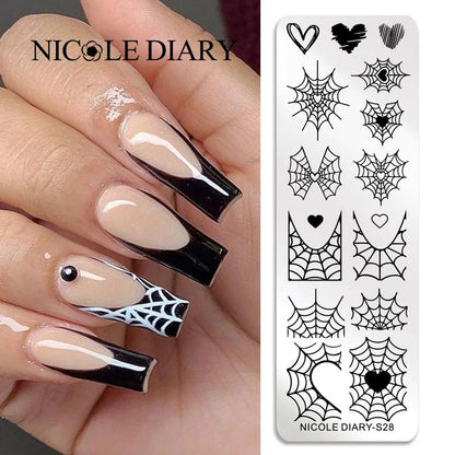 NICOLE DIARY Heart Spider Web Nail Stamping Plates Halloween Heart Line Printing Stencil Nail Arts Tool Nails Decorations Design