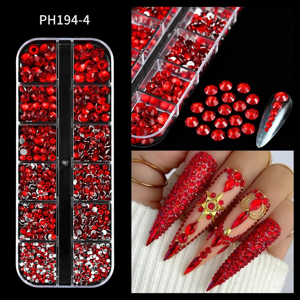 12Gird 3D Glass AB Crystal Nail Art Rhinestones Kit Flatback Round Bead Charm Gem Stones Jewelry Diamond with Tools for Nail Art