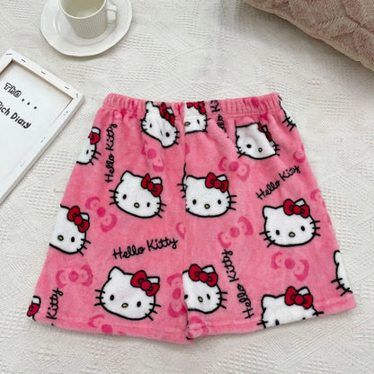 New Sanrio Hello Kitty Kuromi Summer Shorts Cartoon Casual Women's Coral Plush Elastic Soft Shorts Comfortable Home Shorts Gift