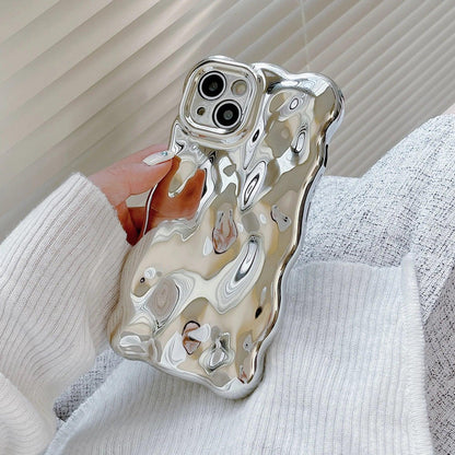 Wavy 3D Meteorite Texture Plating Silver Phone Back Case For iPhone 15 14 13 12 11 Pro Max Cover Camera Lens Protective Cover