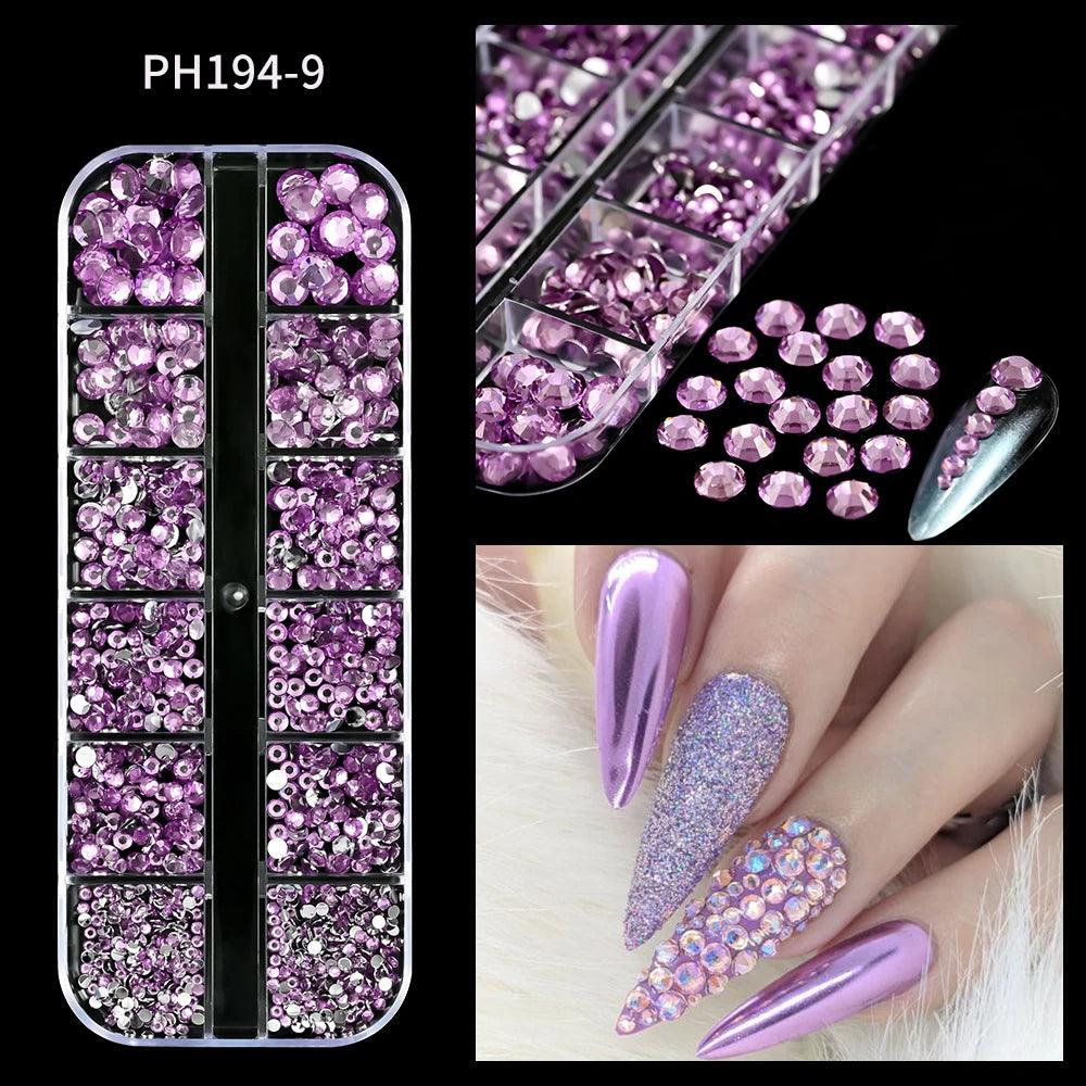 12Grids SS6-SS30 Mixed Nail Rhinestones Shiny Clear/Gold/Pink/Blue Diamond Flat-back Nail Gems Glass Stones Nails Decoration