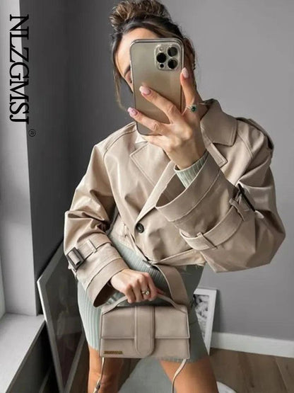 TRAF 2024 Belt Cropped Trench Spring Jacket Women Vintage Streetwear Double Breasted Long Sleeve Top Female Coat Outfits