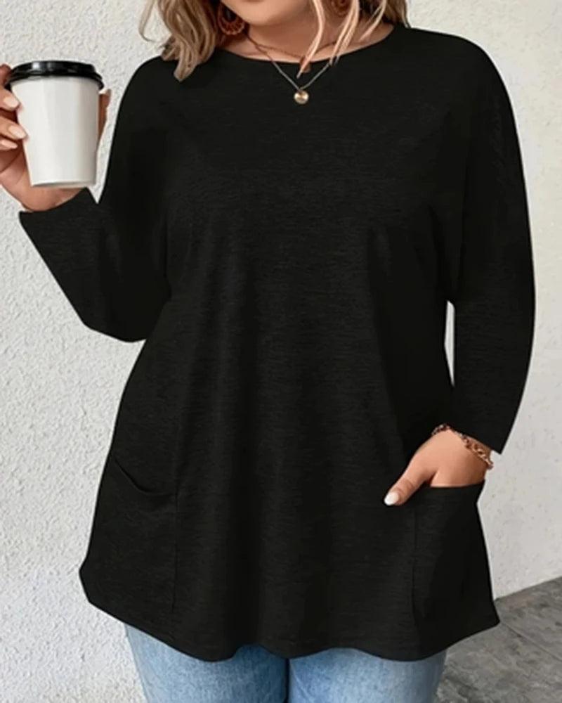 Plus Size Solid Pocket T-shirt, Casual Long Sleeve Crew Neck Top For Spring & Fall, Women's Plus Size Clothing