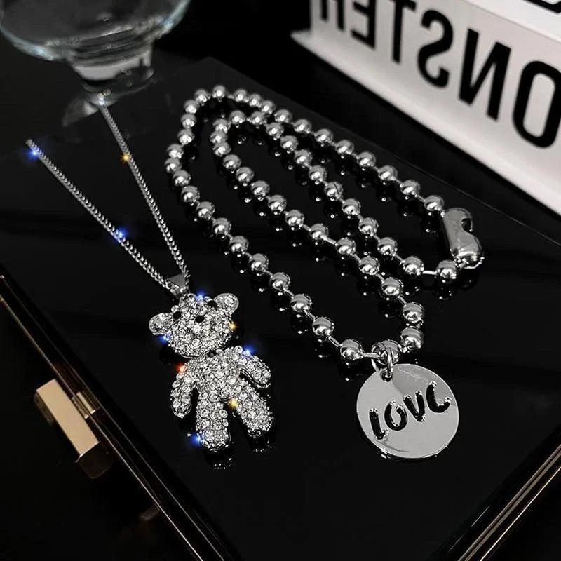 WANZHI Stainless Steel Necklace for Women Fashion Double Layer String Beads Chain Shiny Zircon Bear Pendant Trend Party Jewelry