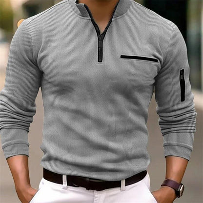 New light luxury light mature casual men sports retro  style striped zipper  arm  fashion men  outdoor  long  sleeve POLO shirt