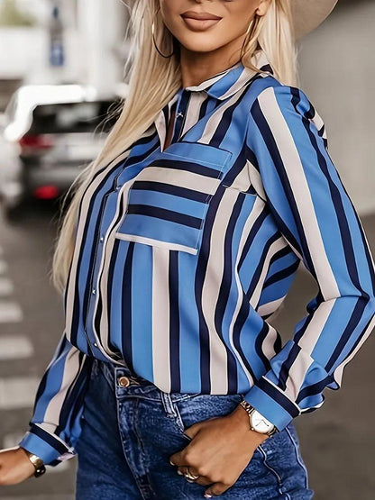 Plus Size Casual Blouse, Women's Plus Stripe Print Long Sleeve Button Up Lapel Collar Shirt Top