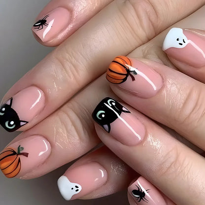 24Pcs Halloween Short Fake Nails with Pumpkin Spider Design Cartoon Nail Art Cute French Full Cover Press on Nail Tips for Girls