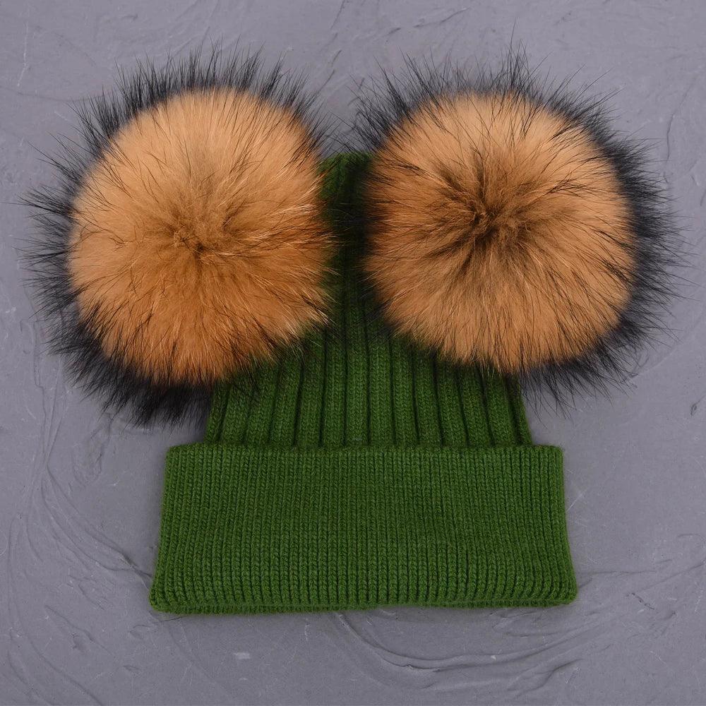 Double Real Raccoon Fur Pompom Hat Women Winter Caps Knitted Wool Hats Skullies Beanies Girls Female Two Fur Pom Pom Beanie Hat