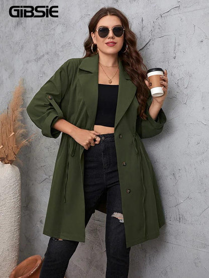 GIBSIE Plus Size Solid Notched Neck Trench Coat For Women 2023 Spring Fall Casual Drawstring Waist Female Buttons Long Coats