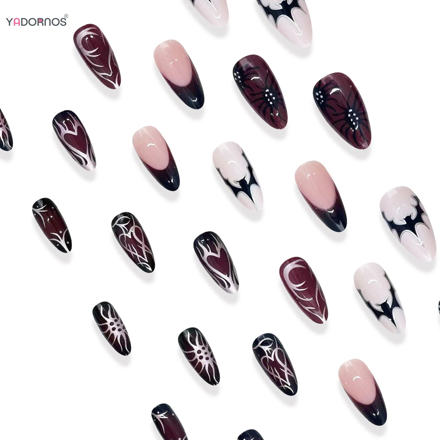 24pcs Black Red Almond Halloween Press on Nails Charms Punk Metal French Fake Nails Bat Spider Designs Halloween False Nails