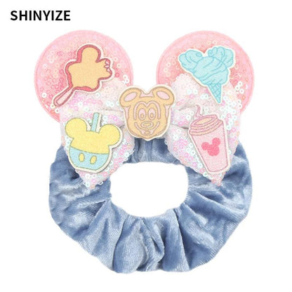 New Chic Disney Mickey Mouse Ears Hair Scrunchies Sequins 4"Bows Elastic Headband Women Velvet Girls DIY Hair Accessories Gift