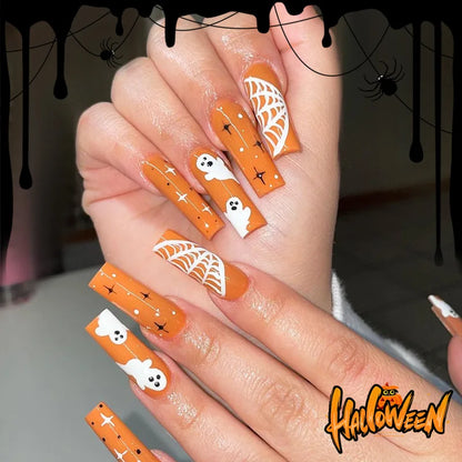 24Pcs Halloween Design False Nails Long Ballet Press on Nails with Pearl Wearable Coffin Fake Nails French Square Finger Nail