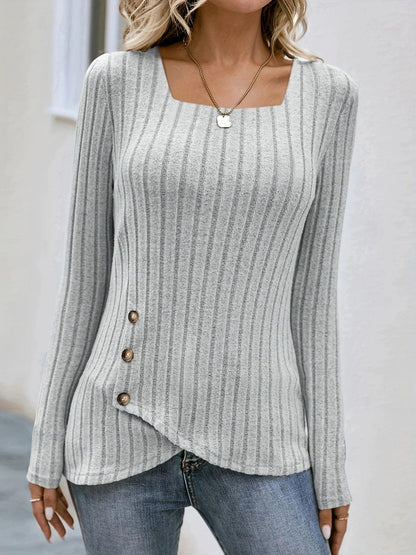 Square Neck Solid Ribbed Button DecorT-Shirt, Casual Long Sleeve Top For Spring & Fall, Women's Clothing