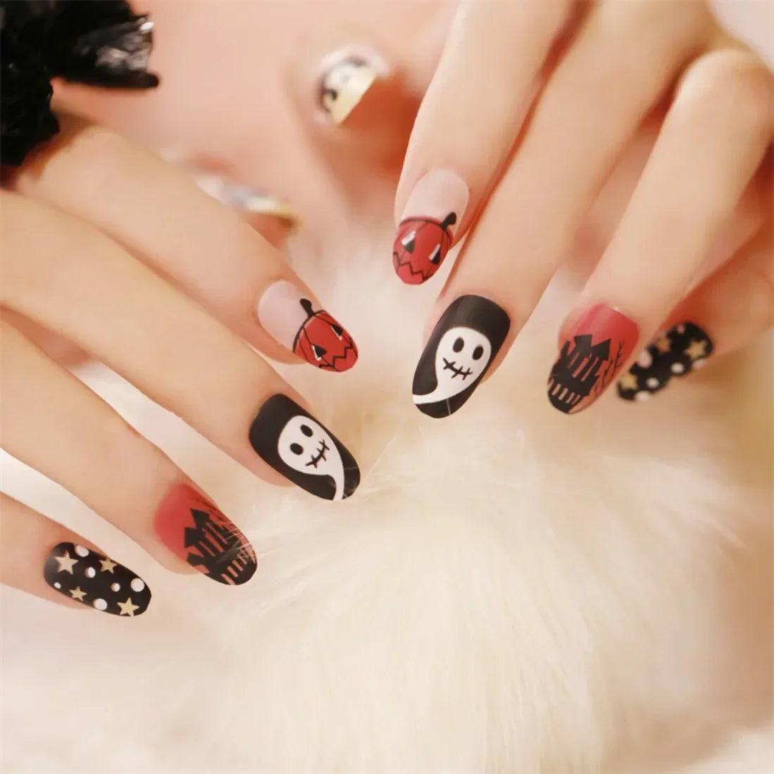 24pcs Artificial Acrylic Nail Art Fake Nails Full Coverage Removable Press on Nails Halloween Pumpkin Skull Moon False Nail Tip