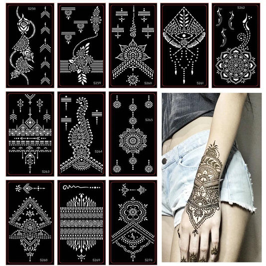 10 Sheets/Lot Mehndi Indian Flower Henna Tattoo Stencils,Temporary Airbrush Hand Tattoo Templates Wedding Painting Kit Tools