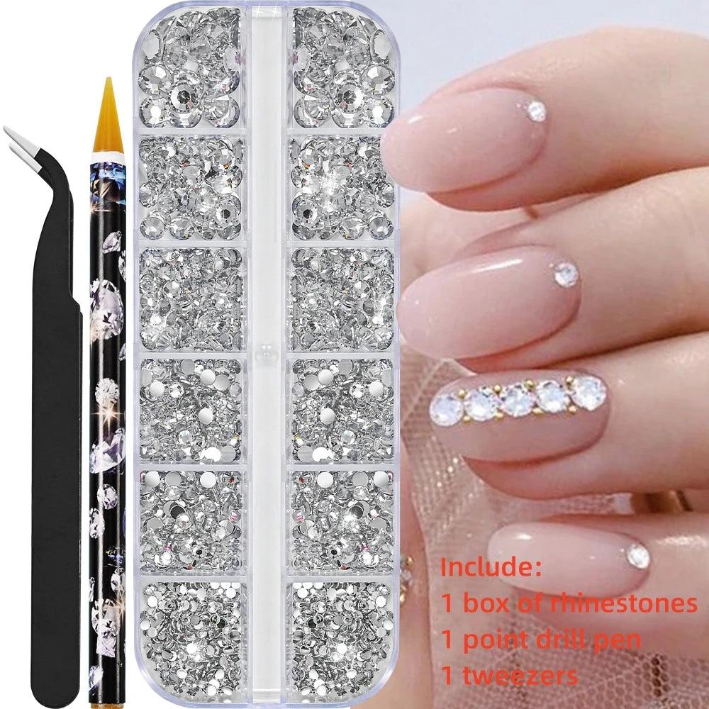 12Gird 3D Glass AB Crystal Nail Art Rhinestones Kit Flatback Round Bead Charm Gem Stones Jewelry Diamond with Tools for Nail Art