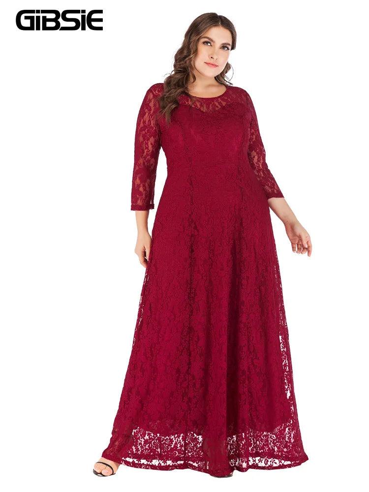 GIBSIE 6XL 5XL 4XL Plus Size Elegant Lace Dress Women O-Neck 3/4 Sleeve Long Maxi Dresses Ladies Prom Evening Party Dress