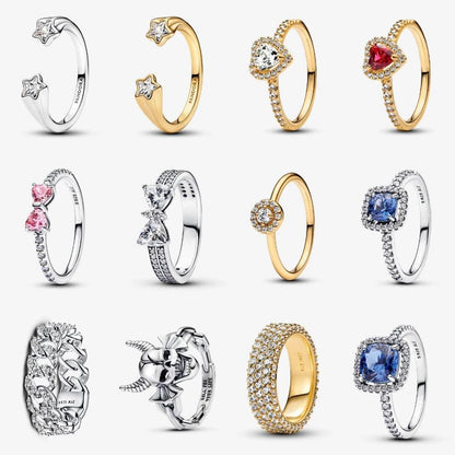 2024 New S925 Silver Pando Ring Pavé Cuban Chain Ring Shooting Stars Open Ring Bow Ring Women's Jewelry Ring Christmas Gift