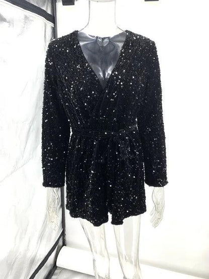 Sexy Sequined Black Romper for Women Elegant Deep V-neck Long Sleeve Wide Legs Playsuits Female Birthday Club Party Rompers