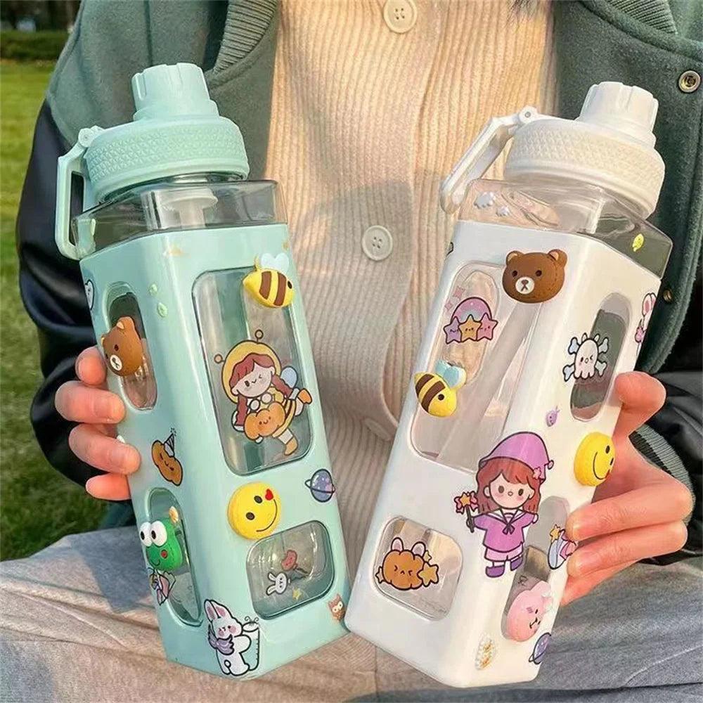 Kawaii Water Bottle With Straw 3D Cute Bear Sticker Bpa Free Plastic Square Sippy Cup Poratable Drinkware 700ml