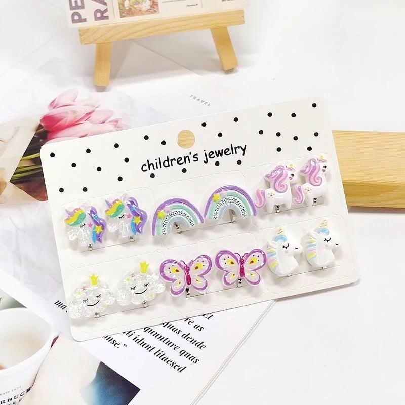 Rainbow Unicorn Butterfly Non Piercing Clip on Earring for Kids Girls Children Christmas Gift 6PRS/SET