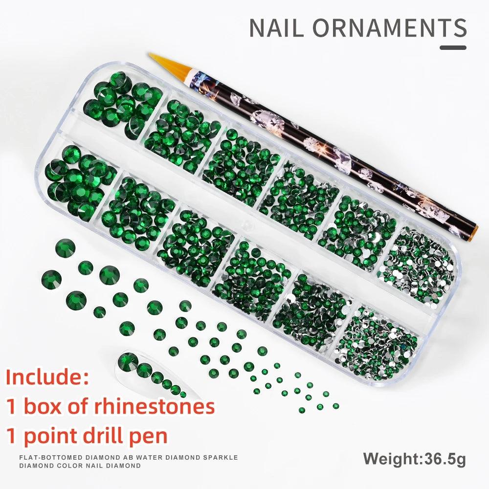 12Gird 3D Glass AB Crystal Nail Art Rhinestones Kit Flatback Round Bead Charm Gem Stones Jewelry Diamond with Tools for Nail Art