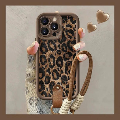 Fashion Brown Leopard Pattern Wrsit Strap Silicone Phone Case For iPhone 11 12 13 14 15 16 Pro Max 15Plus Shockproof Soft Cover