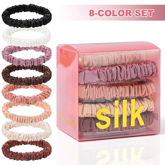 8PCS/Set 100% Pure Mulberry Silk Hair Scrunchies 1 Box Skinny Scrunchies Ponytail Holders Hair Care Accessories Silk Hair Ties