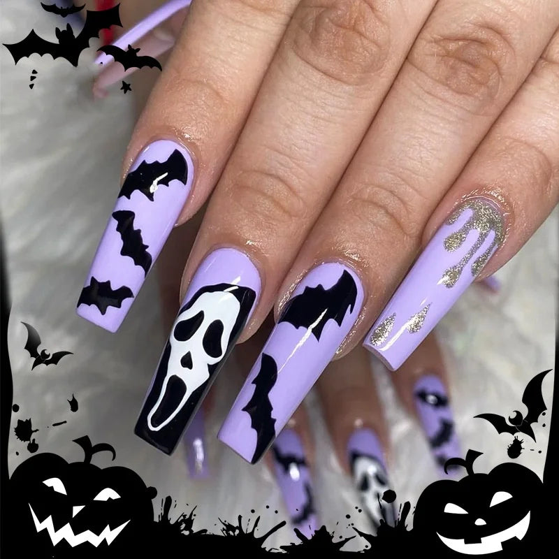 24Pcs Halloween Design False Nails Long Ballet Press on Nails with Pearl Wearable Coffin Fake Nails French Square Finger Nail