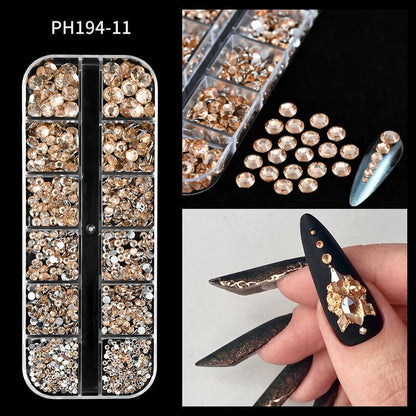 12Grids SS6-SS30 Mixed Nail Rhinestones Shiny Clear/Gold/Pink/Blue Diamond Flat-back Nail Gems Glass Stones Nails Decoration