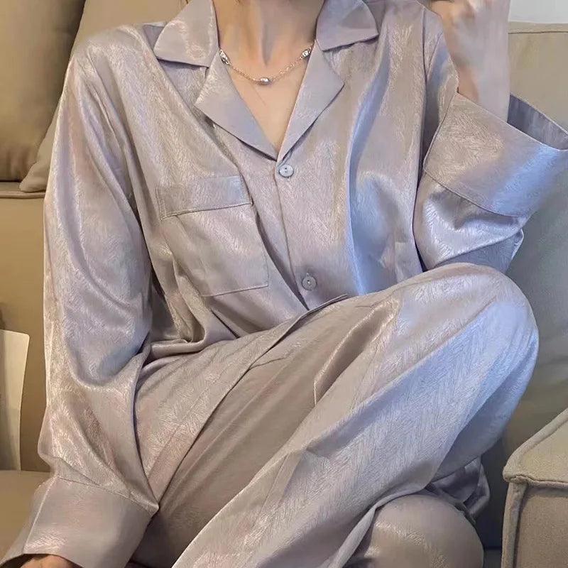 High Quality Light Luxury Ice Silk Pajamas Women's Pajama Spring and Autumn Style Long Sleeve Home Set Nightwear Sleepwear