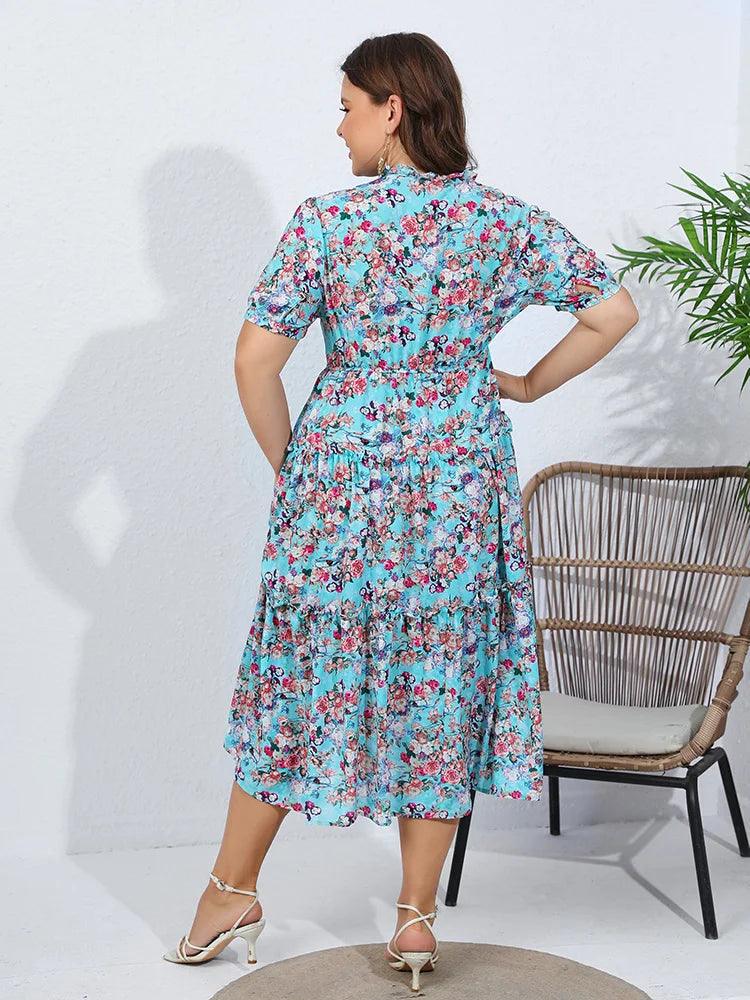 GIBSIE Plus Size Puff Sleeve Floral Print Chiffon Long Dress Women 2024 Summer Vacation Boho Beach Ruffle Hem A-Line Dresses