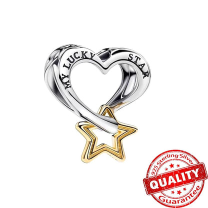 Sparkling Sterling Silver Lucky Crossover Star Heart Charm Fit Original Bracelets & Necklaces 925 Silver Bow Charm Jewelry DIY