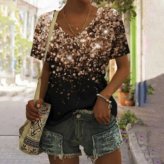 New Summer Breathable T-Shirt 3D Gold Glitter Sequin Printed V Neck Shirt Tops Women Street Luxury Oversized Tops Short Sleeve