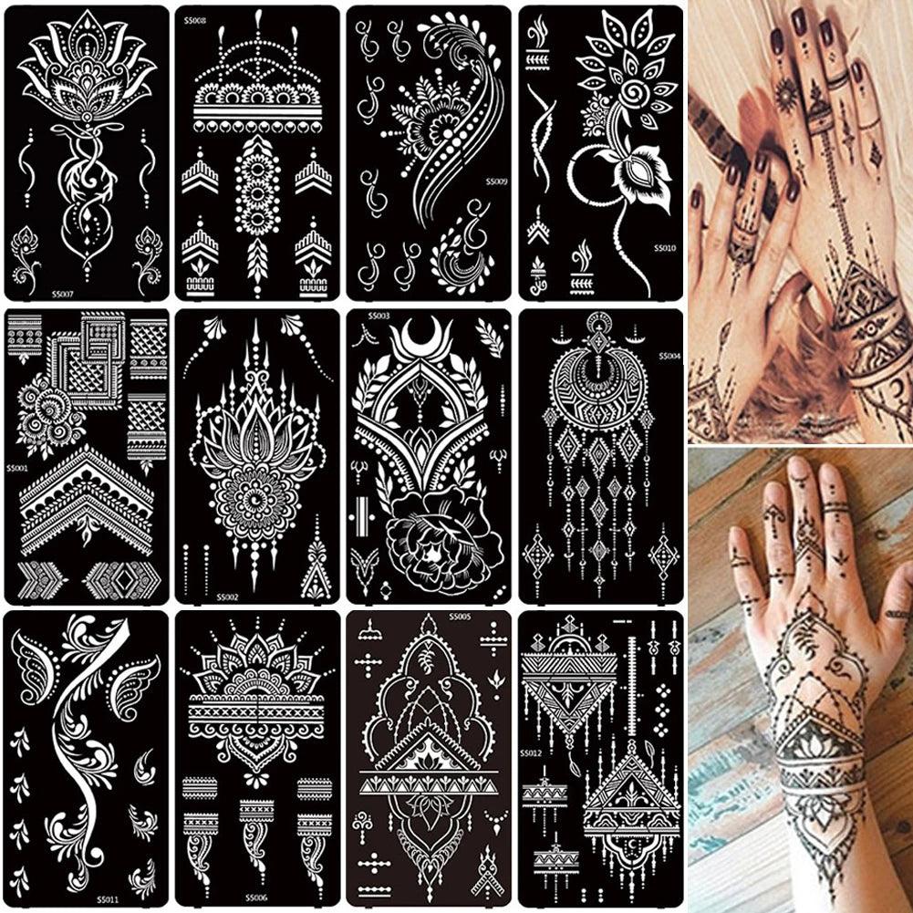 12 Sheets Henna Stencil Temporary Tattoo Sticker Airbrush India Flower Body Art Template for Wedding Party