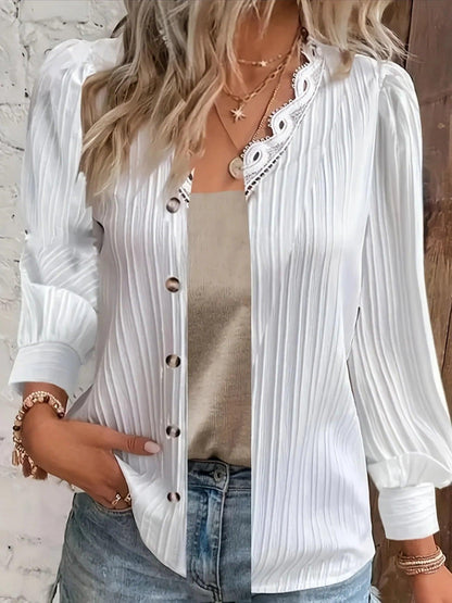 Plus Size Elegant Blouse, Women's Plus Solid Ribbed Contrast Lace Trim Long Sleeve V Neck Shirt Top