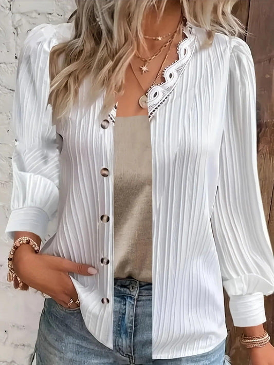 Plus Size Elegant Blouse, Women's Plus Solid Ribbed Contrast Lace Trim Long Sleeve V Neck Shirt Top