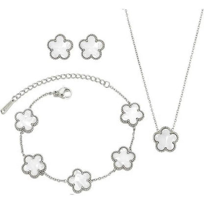 Double Sided Plant Flower Design Jewelry Set  for Women Girls Stainless Steel Elegant Clover Pendant Necklace Earrings Bracelet