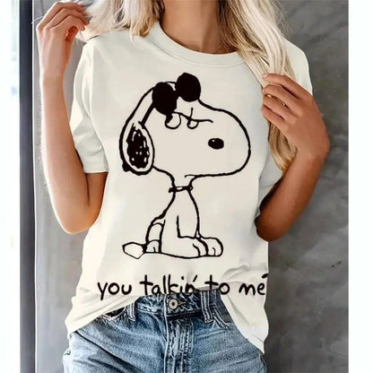 Snoopy print Women's T-Shirt Chinese Style New Pullover For Ladies O-neck Casual Short Sleeve 2024 Fashion Streetwear Tops