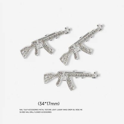 10Pcs Zircon Luxury Gun Nail Charms With Silver/Gold Glitter Nail Art Alloy 3D Nail Decorations DIY Design Gem Jewelry