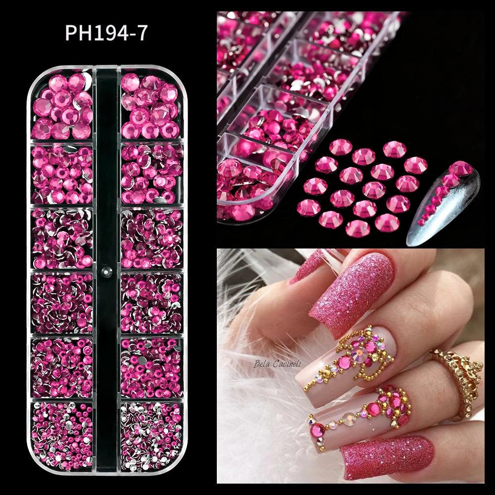 12Grids SS6-SS30 Mixed Nail Rhinestones Shiny Clear/Gold/Pink/Blue Diamond Flat-back Nail Gems Glass Stones Nails Decoration