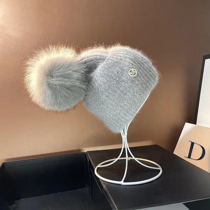 Real Fox Fur Pom Poms Hats for Women Winter Outdoor Warm Skullies Beanies Fashion M Letter Rabbit Knitted Thick Cap Christmas