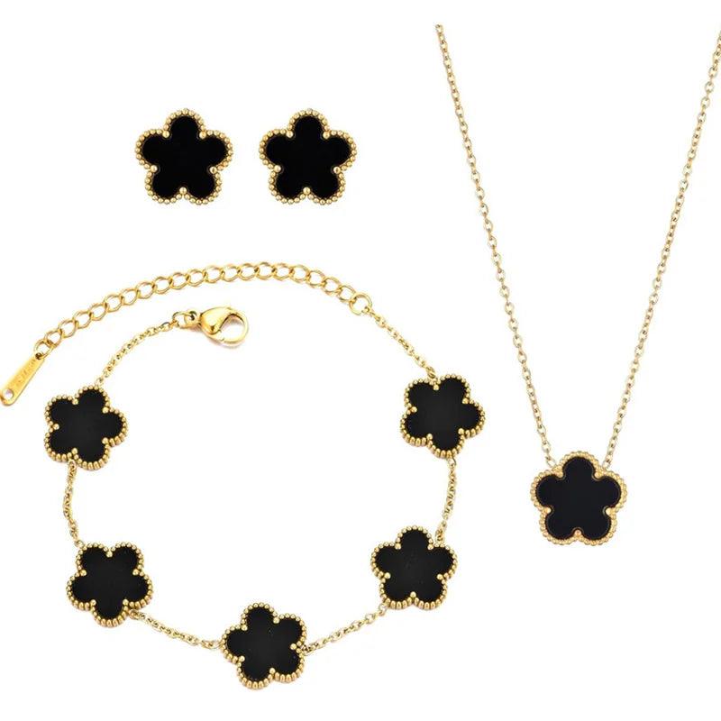 Double Sided Plant Flower Design Jewelry Set  for Women Girls Stainless Steel Elegant Clover Pendant Necklace Earrings Bracelet