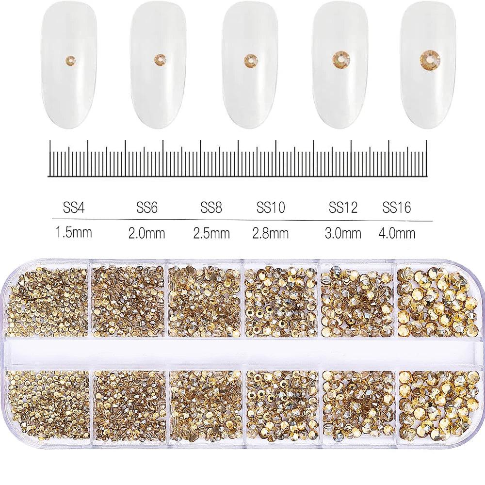 12Grids SS6-SS30 Mixed Nail Rhinestones Shiny Clear/Gold/Pink/Blue Diamond Flat-back Nail Gems Glass Stones Nails Decoration