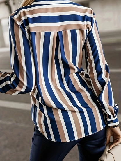 Plus Size Casual Blouse, Women's Plus Stripe Print Long Sleeve Button Up Lapel Collar Shirt Top