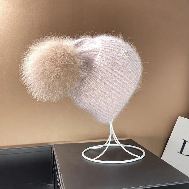 Real Fox Fur Pom Poms Hats for Women Winter Outdoor Warm Skullies Beanies Fashion M Letter Rabbit Knitted Thick Cap Christmas